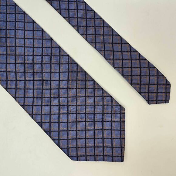 VOLTA SETA HAND MADE ITALY SILK TIE BLUE ORANGE COLOR SHIFT PLAID 3.5" X 57" - Picture 1 of 2